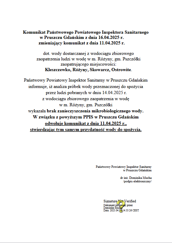 Komunikat Państwowego Powiatowego Inspektora Sanitarnego w Pruszczu Gdańskim oraz ocena jakości wody