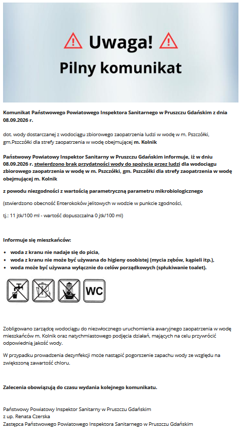 Komunikat PPIS w Pruszczu Gdańskim z dnia 08.09.2026 r. dot. wody dostarczanej z wodociągu zbiorowego zaopatrzenia ludzi w wodę w m. Pszczółki, gm. Pszczółki dla strefy zaopatrzenia w wodę obejmującej m. Kolnik